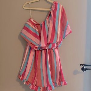 Landed in Paradise Pink Striped Romper by Pink Lily size L